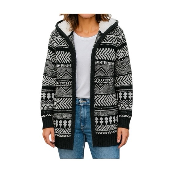 Cardigan Sweater With Faux Sherpa Hood - Picture 9 of 10